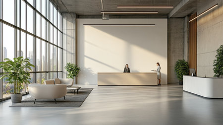 Bright and modern reception area showcasing large windows, minimalist decor, and a cozy seating arrangement, perfect for creating a welcoming atmosphere for clients and employees.の素材