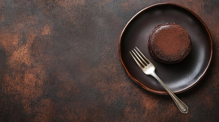 A gourmet dark chocolate cake elegantly presented on a plate with a vintage silver fork, perfect for food photography or dessert menus, set against a rustic backdrop.の素材