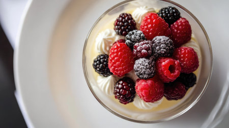 A visually stunning dessert featuring a mix of ripe raspberries and blackberries topped with creamy layers, perfect for a sweet indulgence at any gathering.の素材