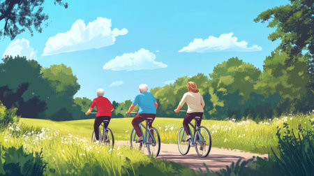 Three seniors ride bicycles through a picturesque meadow, embracing the beauty of nature and enjoying each other's company in a vibrant and sunny setting.の素材