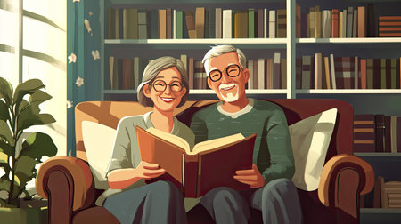 Heartwarming illustration of a joyful senior couple reading a book together in their cozy living room, surrounded by shelves of books, radiating love and happiness.の素材