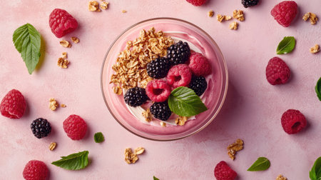 A vibrant yogurt bowl garnished with fresh raspberries, blackberries, and crunchy granola, surrounded by mint leaves, ideal for promoting healthy eating and delicious breakfast options.の素材