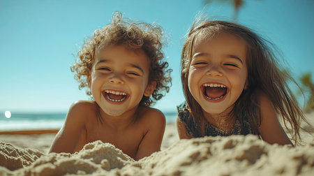 Two cheerful children enjoying a sunny day at the beach, laughing and playing together. Their pure joy captures the essence of childhood happiness in a beautiful outdoor setting.の素材