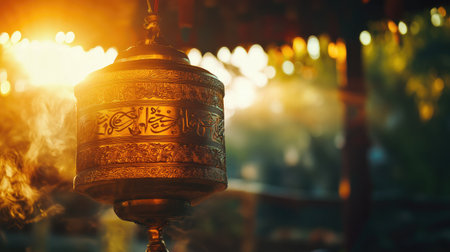 A stunning golden prayer wheel spins gently in the soft light of sunset, surrounded by nature and infused with light smoke, creating a peaceful and spiritual ambiance.の素材