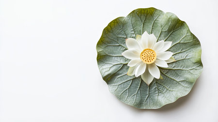 A stunning white lotus flower rests gracefully on a large green leaf, creating a perfect harmony of nature's beauty against a minimalist backdrop, evoking tranquility and calmness.の素材