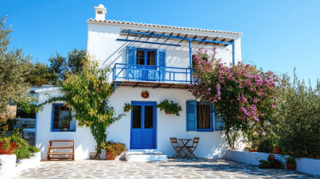 A picturesque white house with blue accents is nestled among greenery and bougainvillea, offering a tranquil escape in a sunny, idyllic setting perfect for relaxation.の素材