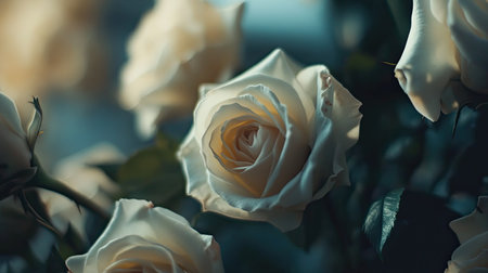 Captivating image of white roses featuring soft lighting that enhances their delicate petals. Ideal for projects focused on nature, romance, and floral beauty.の素材