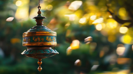 A vibrant Tibetan prayer wheel captured in an enchanting garden setting, highlighting spirituality and tranquility with a soft bokeh effect, inviting reflection and peace.の素材