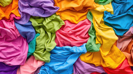 A pile of brightly colored t-shirts with visible stitching and creases, perfect for a modern apparel or lifestyle theme, with copy spaceの素材