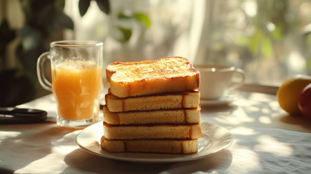 A fresh stack of warm, crispy toast with a light golden hue, placed on a breakfast table with natural lightの素材