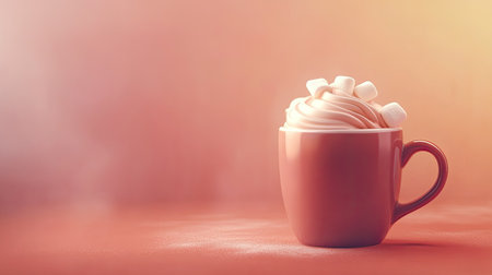 A warm mug of hot chocolate with a swirl of cream and marshmallows on a smooth, clean background, exuding cozy indulgenceの素材