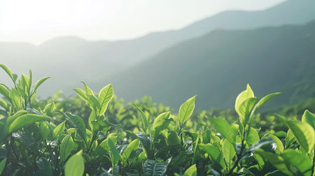 A scenic tea plantation in South Asia during springtime, with fresh leaves and misty hills, offering tranquil vibes and copy spaceの素材
