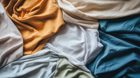 Casual t-shirts in a heap, featuring a mix of bold and soft colors, captured in natural light for an organic feel, with copy spaceの素材