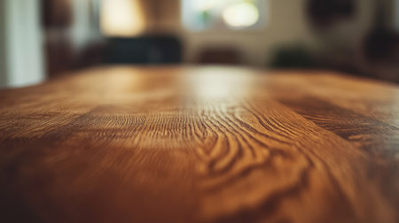 A detailed close-up of a wooden table edge with smooth craftsmanship, surrounded by a blurred neutral background, with copy spaceの素材