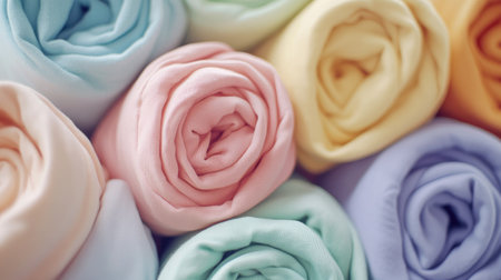 A stack of rolled-up t-shirts in various pastel shades, captured in a close-up view, perfect for fashion or retail themes, with copy spaceの素材