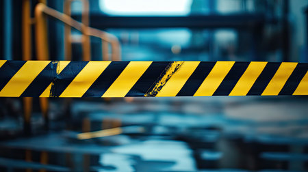 Black and yellow striped caution tape in focus, cordoning off a restricted area with blurred industrial background, with copy spaceの素材