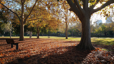 A picturesque autumn park with fallen leaves, vibrant tree canopies, and sunlight highlighting the seasonal beautyの素材