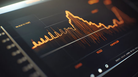 Close-up of a profit graph on a tablet screen, showcasing positive business growth in a minimalistic setting, copy space includedの素材
