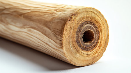 Close-up of a pine roller with its detailed texture and natural wood finish, isolated on a clean white backgroundの素材