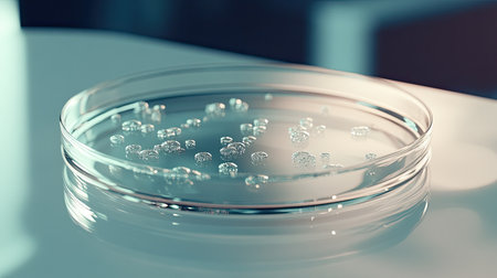 Detailed view of microorganisms forming colonies on a petri dish, placed on a lab table with a clean background, and copy spaceの素材