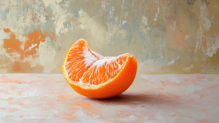 A single, ripe piece of orange with vivid orange flesh and natural pulp, placed on a neutral clean backgroundの素材
