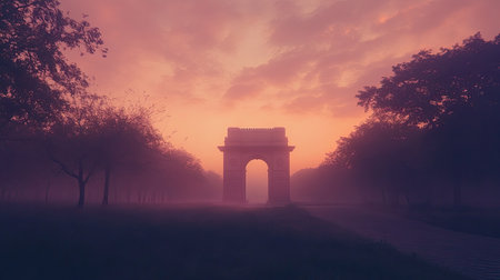 Gate with soft hues of pink and in the sky, creating a tranquil and inspiring scene, with ample copy spaceの素材