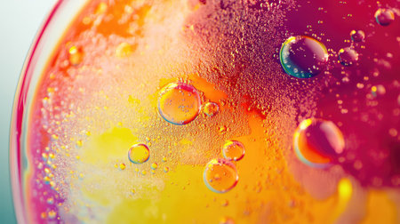 Close-up of vibrant microorganisms growing in a petri dish under bright laboratory light, showcasing detailed textures, with copy spaceの素材