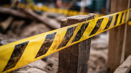 Horizontal caution tape stretched across a wooden barricade at a construction site, evoking safety protocols, with copy spaceの素材
