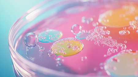 Close-up of vibrant microorganisms growing in a petri dish under bright laboratory light, showcasing detailed textures, with copy spaceの素材