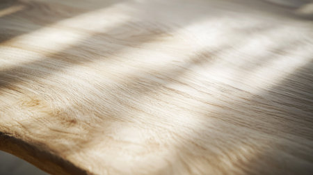 Close-up of a light-colored wooden table surface with soft shadows and minimalist aesthetics, with ample copy space for creativityの素材