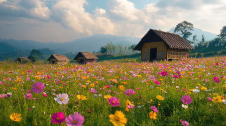 Fields of vibrant flowers with traditional South Asian huts in the background, capturing the spirit of spring, with copy spaceの素材