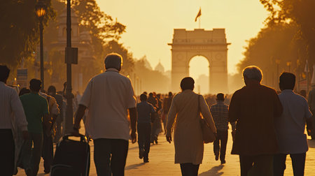 People walking near India Gate during a vibrant evening in New Delhi, with the monument standing tall in the background, copy space includedの素材