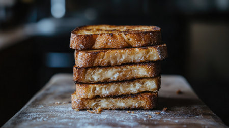 Close-up shot of a delicious pile of toast with a crispy golden brown texture, stacked on a simple wooden surfaceの素材
