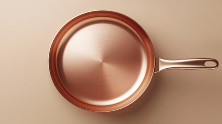 Isolated empty copper pan in a top-down perspective, highlighting its circular design and metallic sheen on a neutral backgroundの素材
