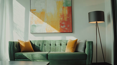 Modern living room interior with a green sofa, stylish floor lamp, and abstract paintings on the wall, bathed in natural lightの素材