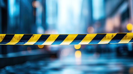 Horizontal caution tape in bold black and yellow stripes, fluttering in the wind against a blurred urban backdrop, with copy spaceの素材