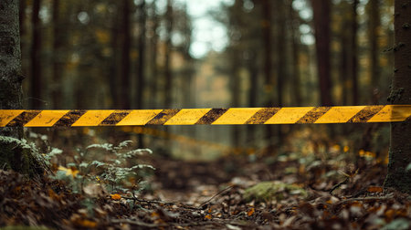 Horizontal caution tape prominently displayed in a forest area, symbolizing restricted access or danger, with clear copy spaceの素材