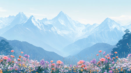 Majestic mountain landscape in South Asia with spring flowers blooming in the foreground, ideal for seasonal themes, copy spaceの素材