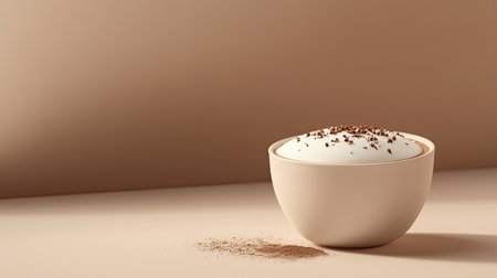 Minimalist scene with a cup of hot chocolate, topped with foam and a sprinkle of cocoa, set against a clean, elegant backgroundの素材