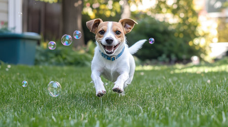 A lively Jack Russell terrier chasing bubbles on a grassy lawn, its playful expression filled with joyの素材