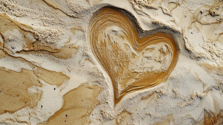 A close-up of a heart-shaped pattern naturally formed in soft beach sand, surrounded by smooth texturesの素材