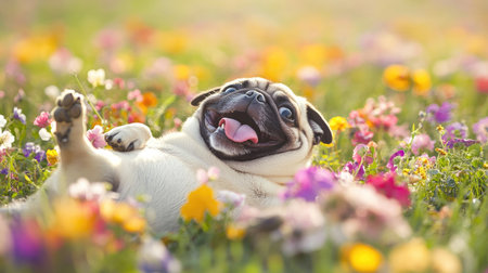 A lively pug rolling on its back in a field of flowers, tongue out and radiating happinessの素材