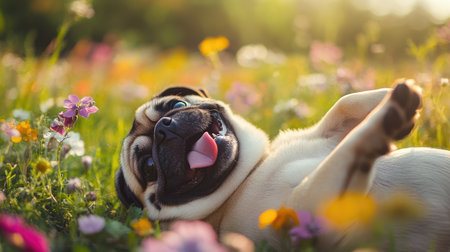 A lively pug rolling on its back in a field of flowers, tongue out and radiating happinessの素材