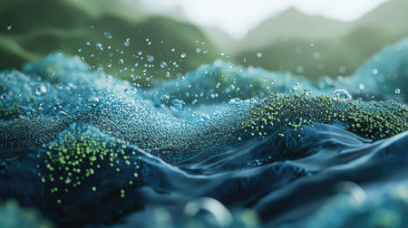 3D illustration of water molecules blending technology and nature, highlighting global water resource managementの素材