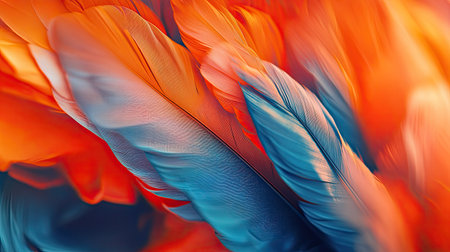 A macro close-up of overlapping orange and blue feathers, emphasizing vibrant tones and intricate detailsの素材