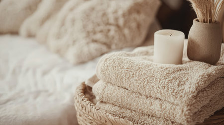 A textured cotton fabric towel in soft neutral tones, creating a cozy abstract backgroundの素材