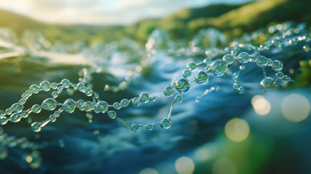 3D illustration of water molecules blending technology and nature, highlighting global water resource managementの素材