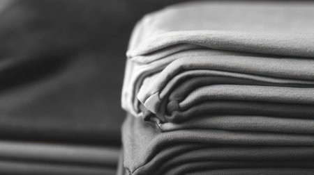 Pile of neatly arranged monochromatic t-shirts in grayscale tones, highlighting minimalistic style and soft texture, with copy spaceの素材