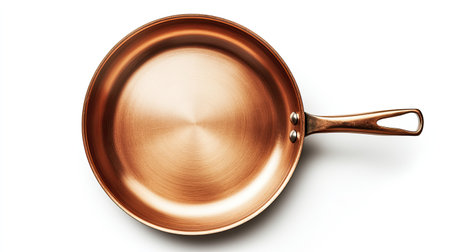 Top view of a copper pan with a classic, timeless design, isolated on a seamless white background, ideal for kitchen-themed visualsの素材