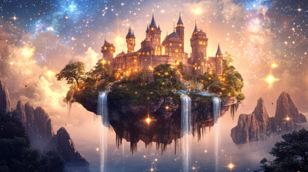 A book illustration of a fairy tale castle on a floating island, surrounded by glowing stars and waterfallsの素材